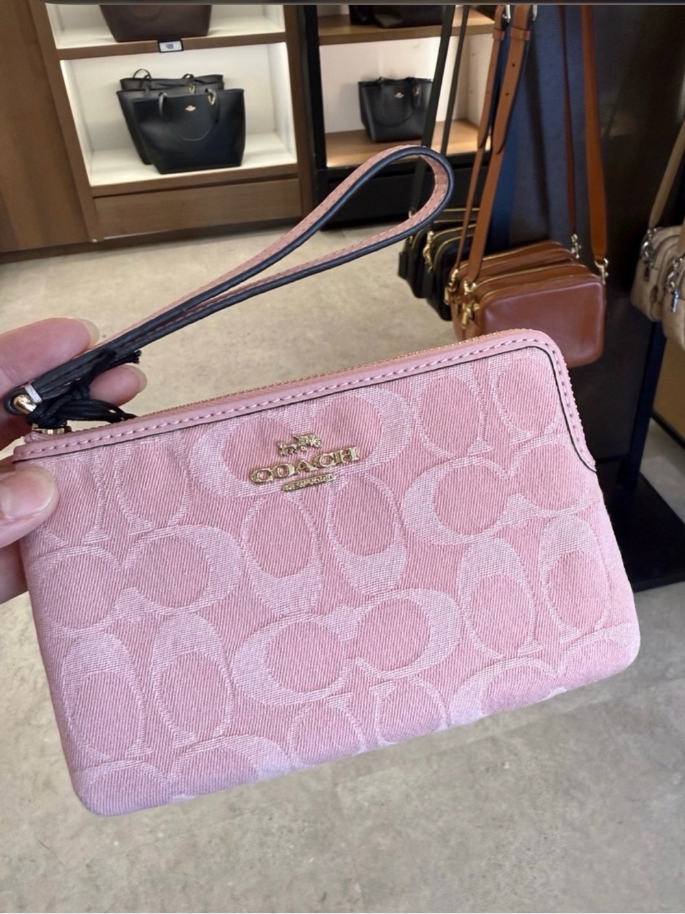 Coach Pink Signature Wristlet with Gold Logo